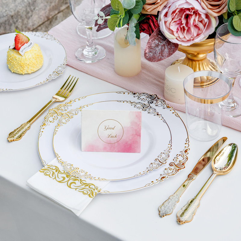 MODERN WALLS LLC 350PCS Gold Plastic Plates Gold Plastic Dinnerware Sets For 50 Guests 100 Gold Disposable Plates 150 Gold Plastic Silverware 50 Cups 50 Napkins For Wedding Party Wayfair